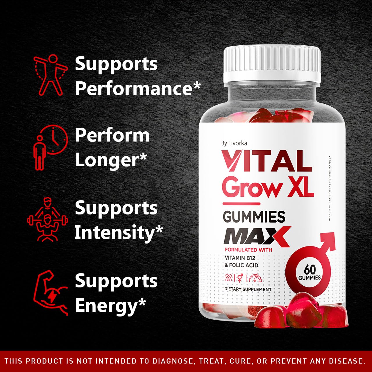 LIVORKA Vital Grow XL gummies close-up highlighting easy chewability for energy.