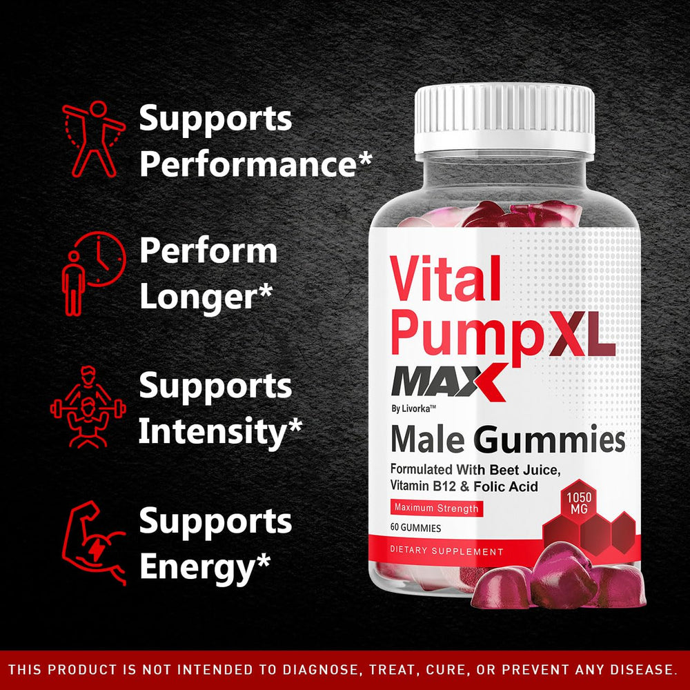 LIVORKA Vital Pump XL Max gummies close-up showing tasty daily performance support.