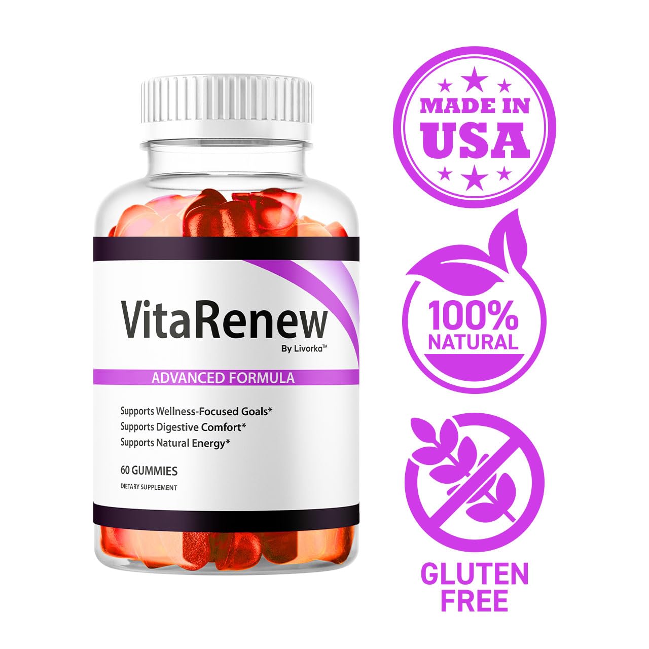 LIVORKA VitaRenew serving suggestion with gummies beside a glass of water