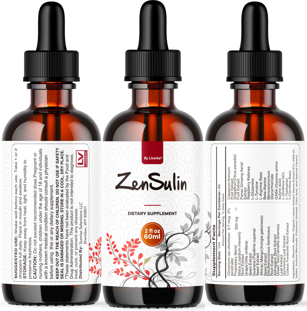 Ingredients glass beside LIVORKA ZenSulin Drops bottle with droplets.