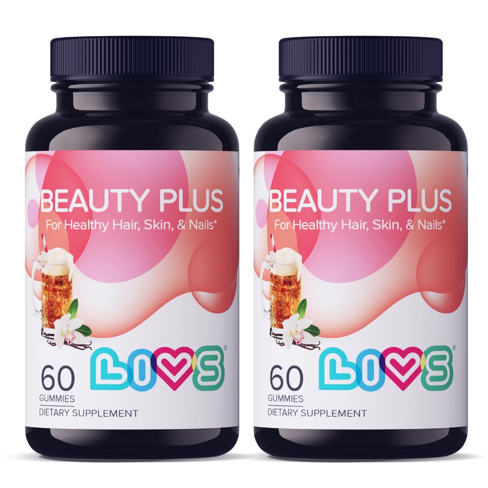 LIVS Beauty Plus Gummies bottle on shelf, cream soda flavor supports hair and nails.
