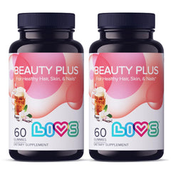 LIVS Beauty Plus Gummies bottle on shelf, cream soda flavor supports hair and nails.