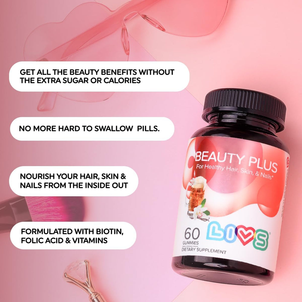 LIVS Beauty Plus Gummies label details highlight vegan ingredients.