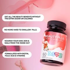 LIVS Beauty Plus Gummies label details highlight vegan ingredients.