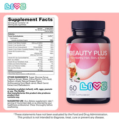 LIVS Beauty Plus jar with label, gluten-free and non-GMO supplement for hair health.