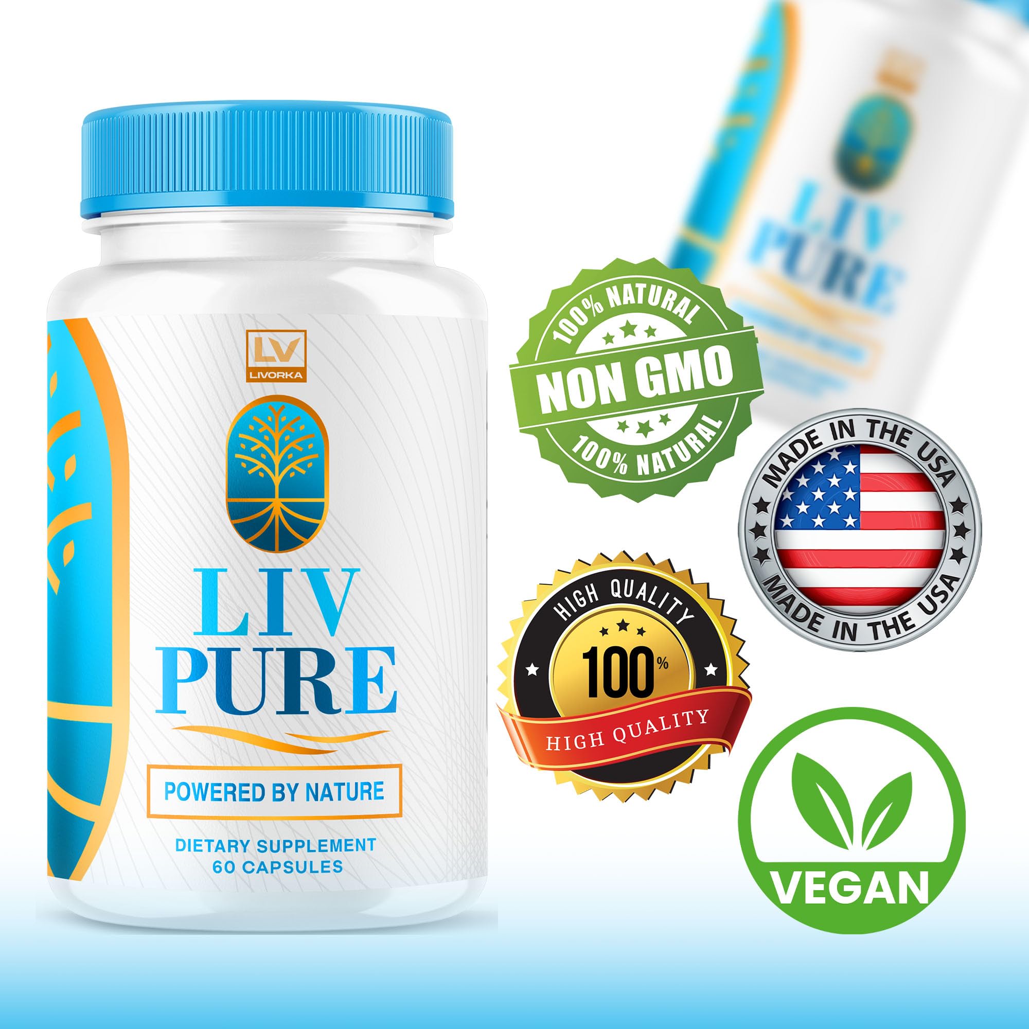 LIVORKA Liv Pure capsules close-up demonstrates easy-to-swallow daily capsules.