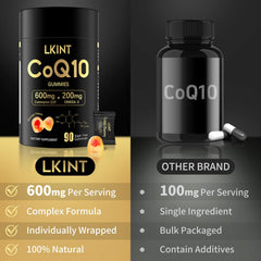 LKINT CoQ10 Gummies with Omega-3 and Vitamin E icons showcase antioxidant support.