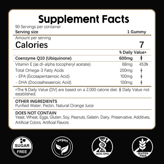 Closeup of LKINT CoQ10 Gummies orange flavor highlighting sugar-free formula.