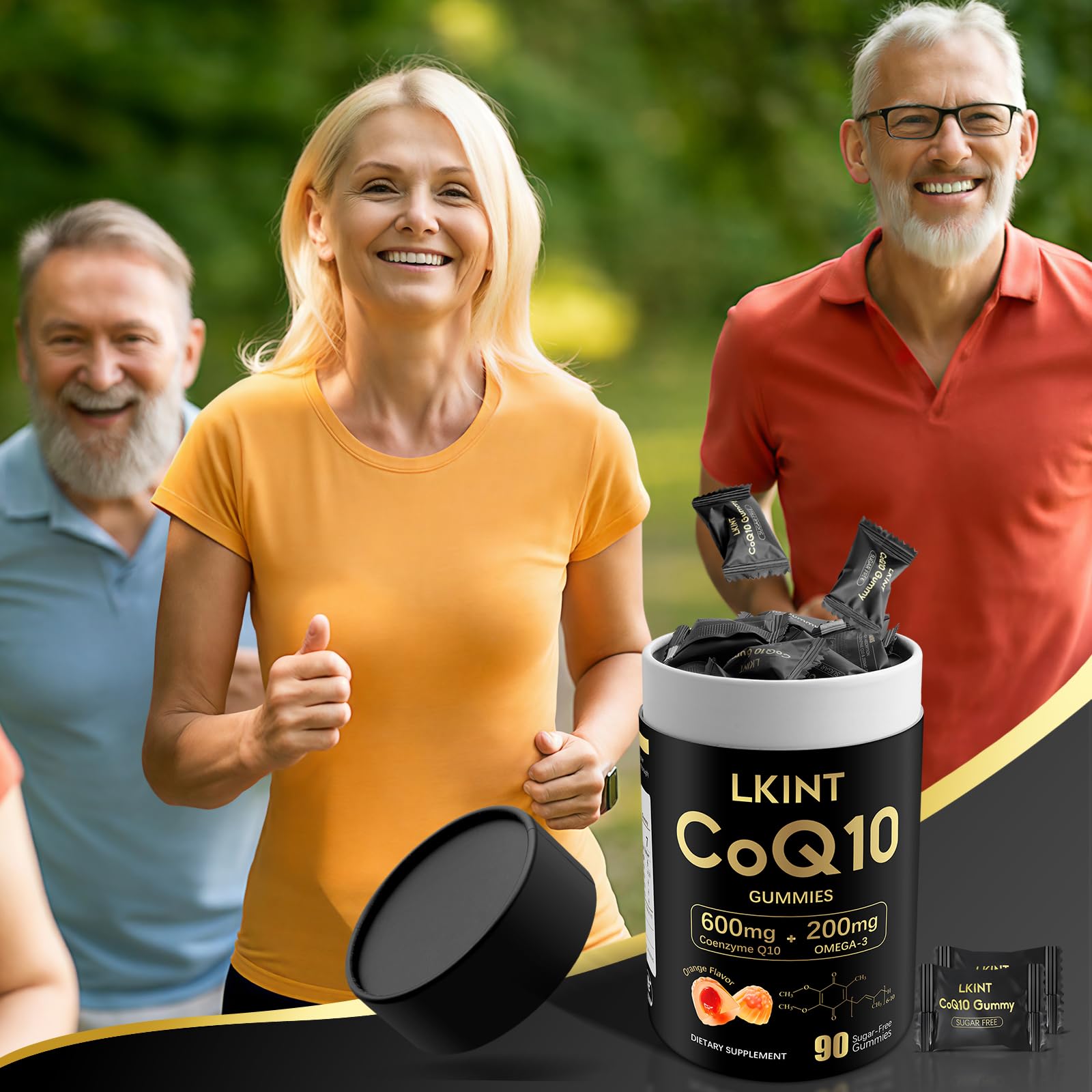 Sugar-free ingredients panel highlights vegan, non-GMO LKINT CoQ10 Gummies.