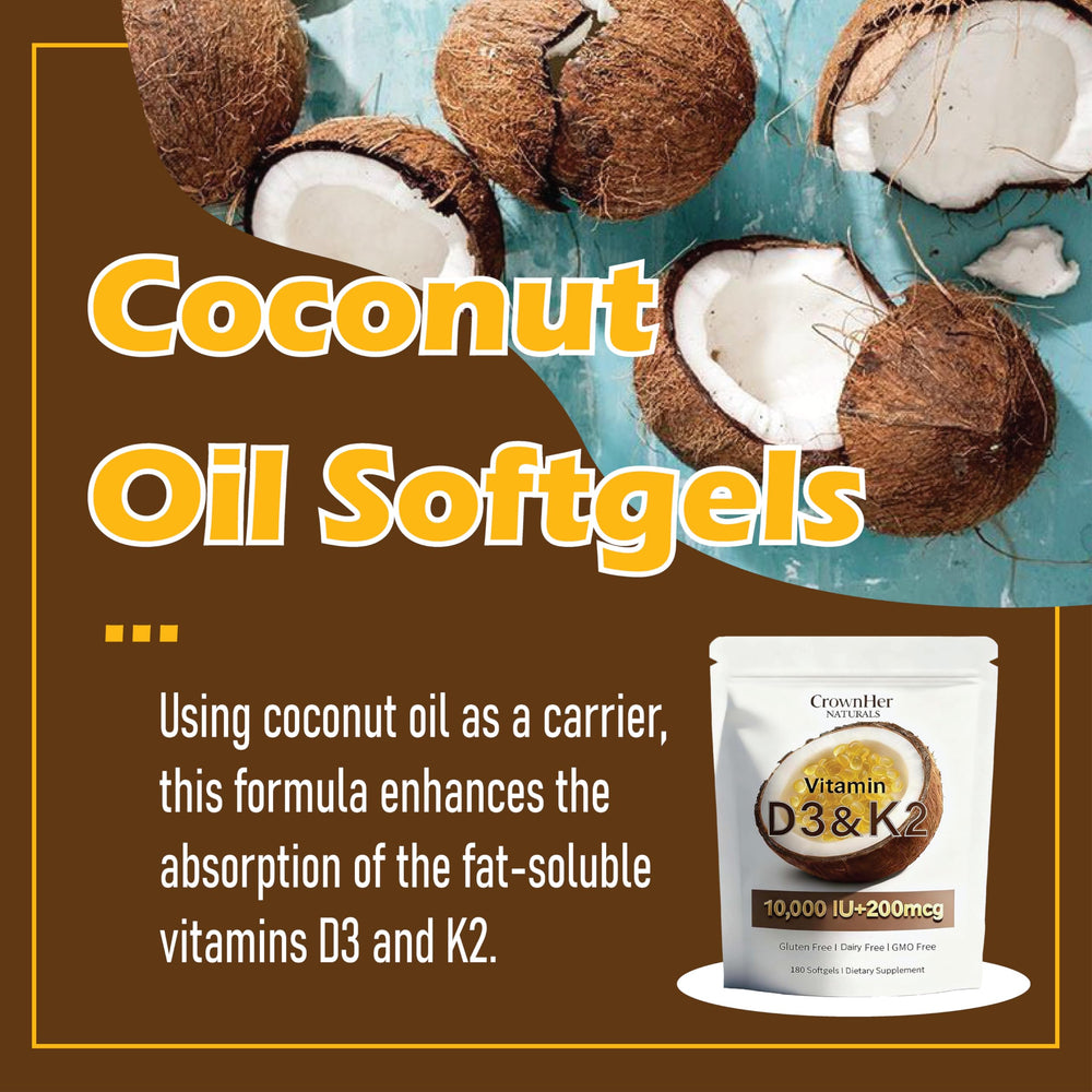Coconut oil carrier supports absorption in CrownHer Naturals capsules.