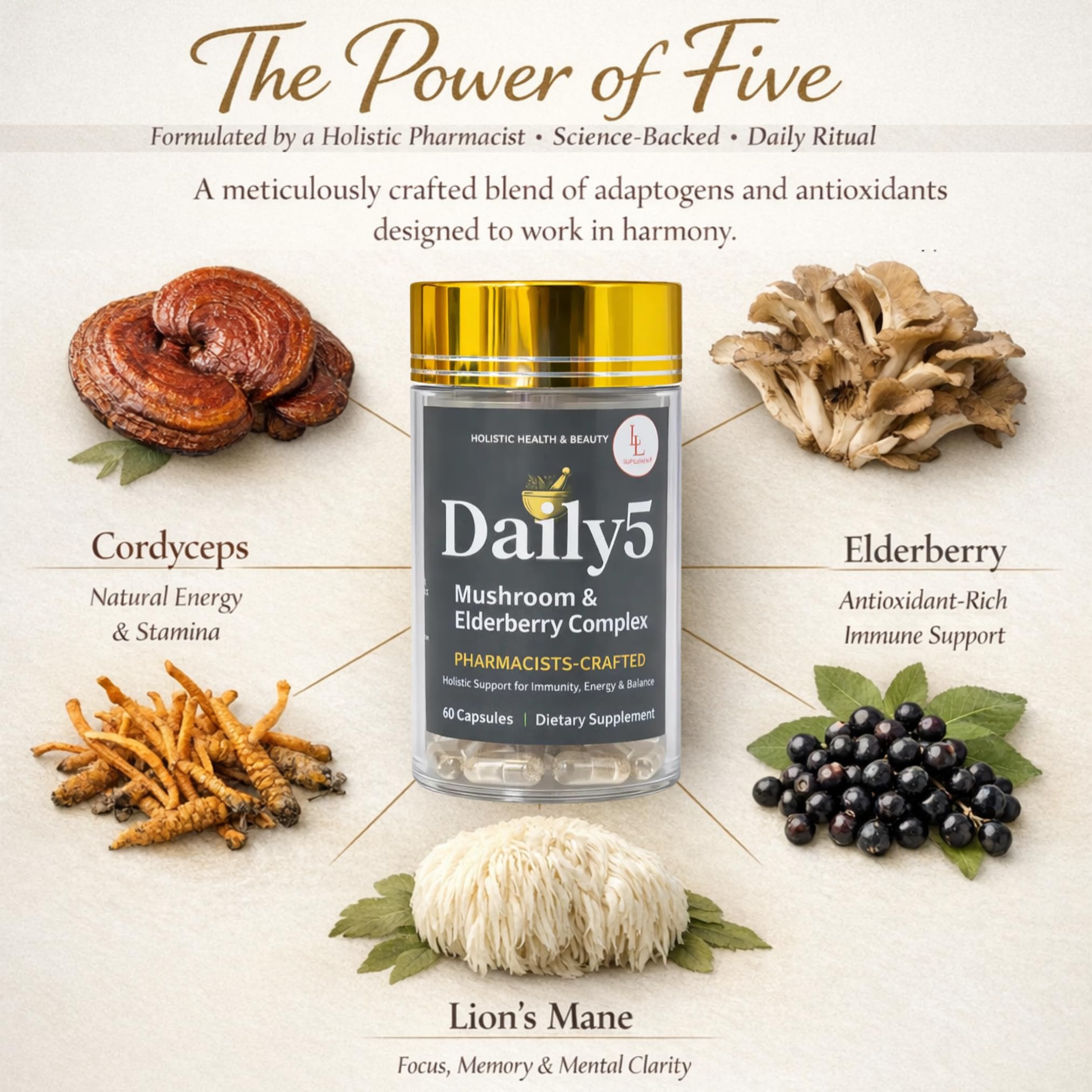 LL Supplement Daily5 five-mushroom blend capsules for daily wellness