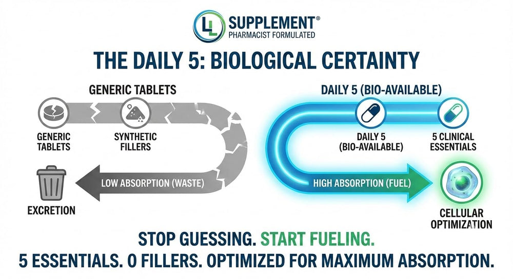 LL Supplement Daily5 usage scene showing capsules with water