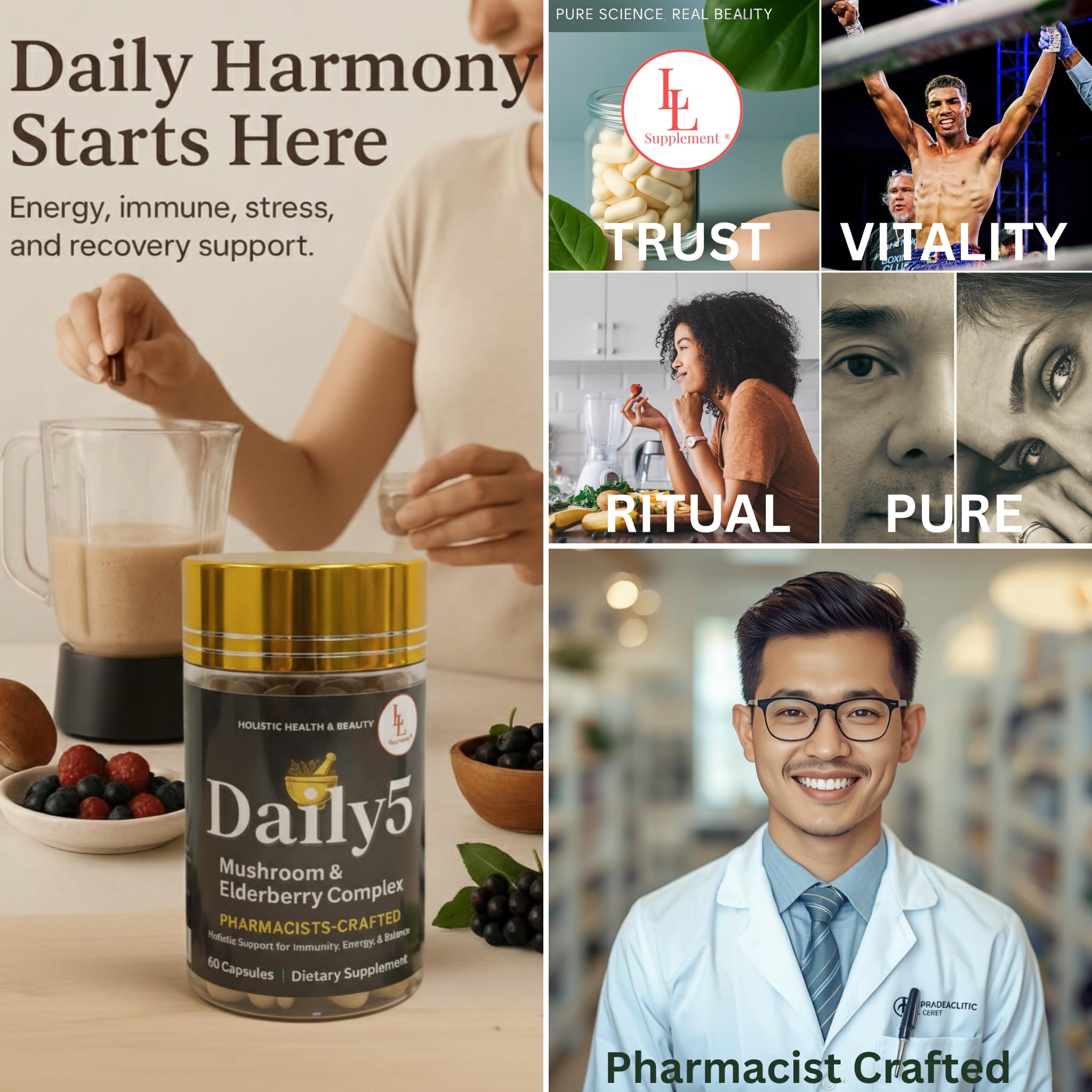 LL Supplement Daily5 vegan and non-GMO labeling on packaging