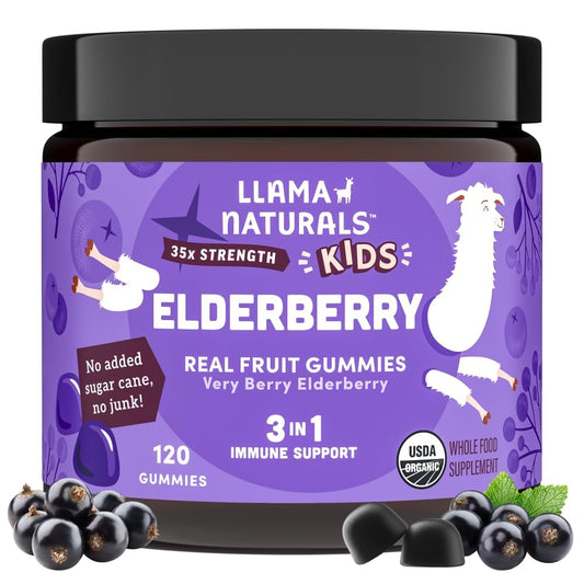 Llama Naturals Elderberry Gummies for Kids bottle front, kid-friendly immune support in a tasty chew.