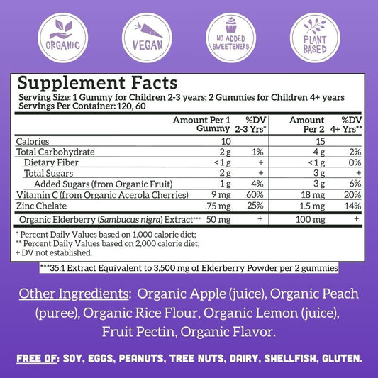Llama Naturals Elderberry Gummies for Kids bottle label, organic ingredients for daily wellness.