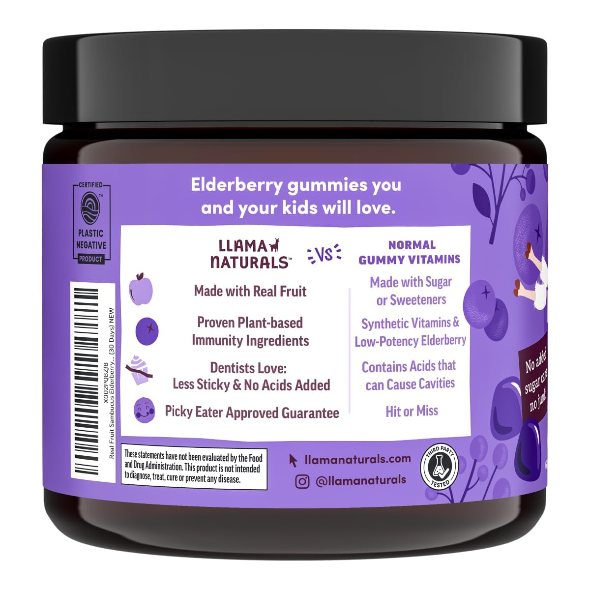 Llama Naturals Elderberry Gummies for Kids ingredients, elderberry-acerola-zinc blend.