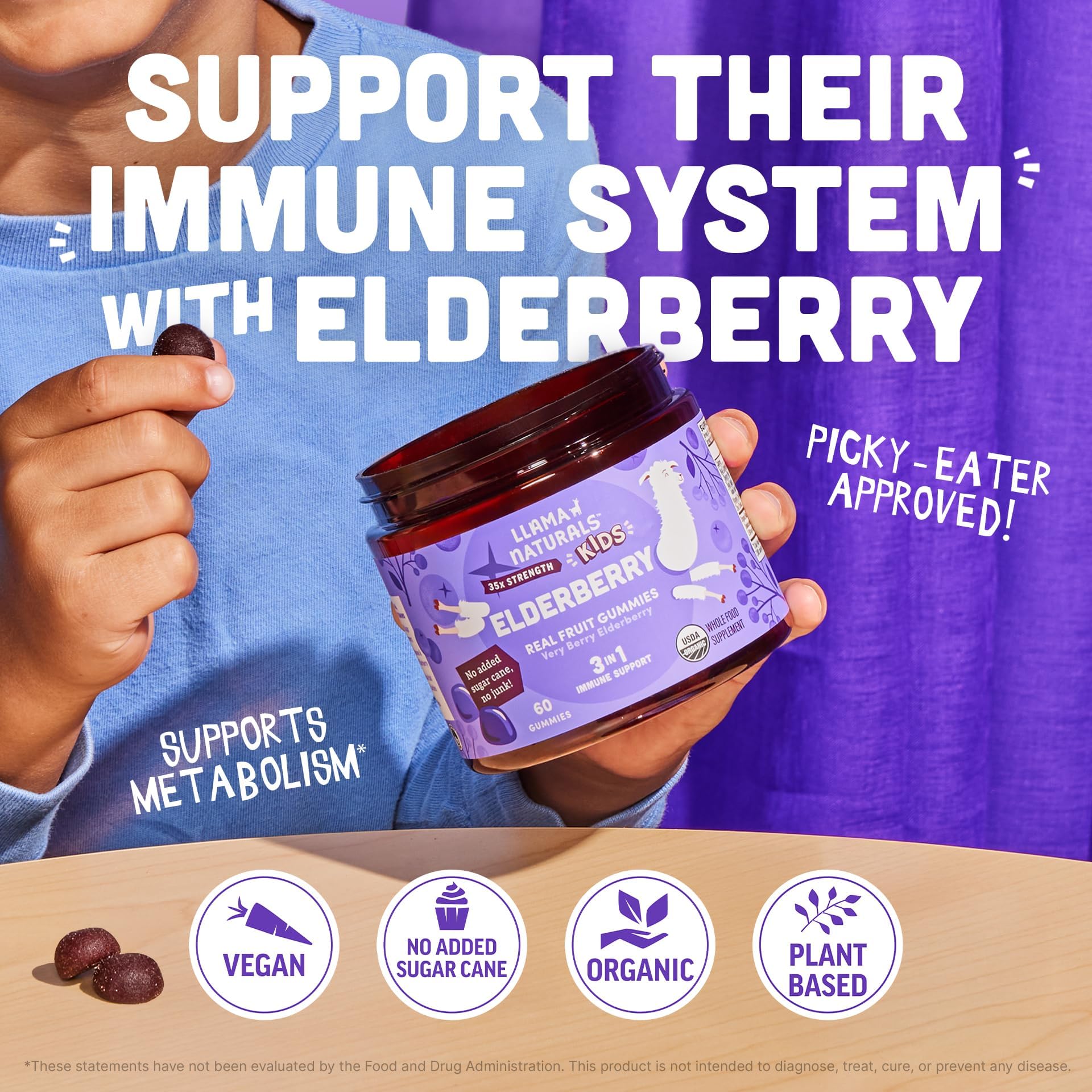 Llama Naturals Elderberry Gummies for Kids packaging, practical size for travel.