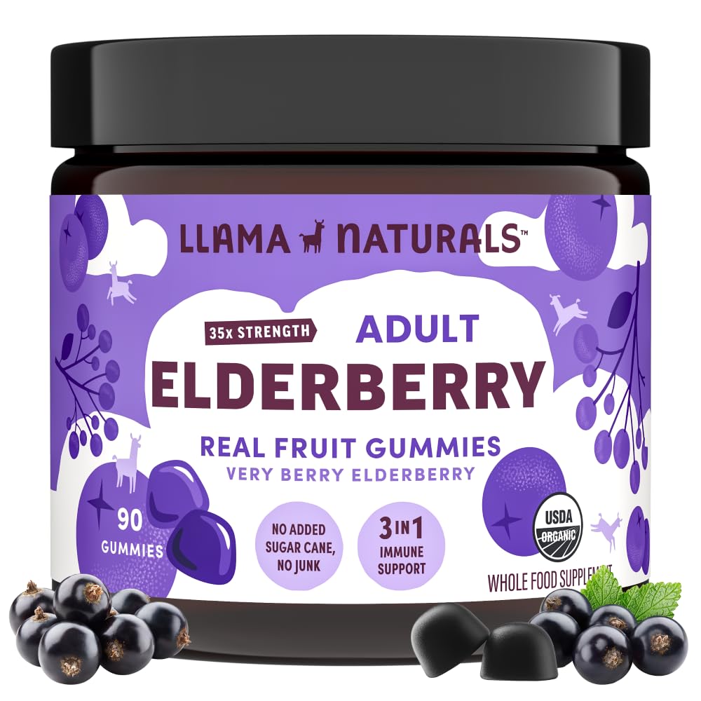 Llama Naturals elderberry gummies bottle highlighting vegan immune support