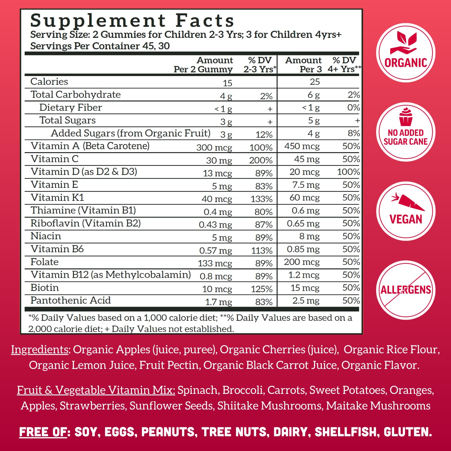 Llama Naturals vegan organic ingredients label highlights clean plant-based vitamins
