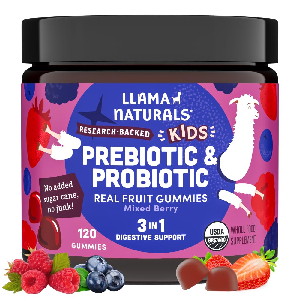 Llama Naturals Kids Probiotic bottle for daily gut support with prebiotic fiber.