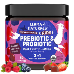 Llama Naturals Kids Probiotic gummies bottle shown with mixed berry flavor for gut health support.