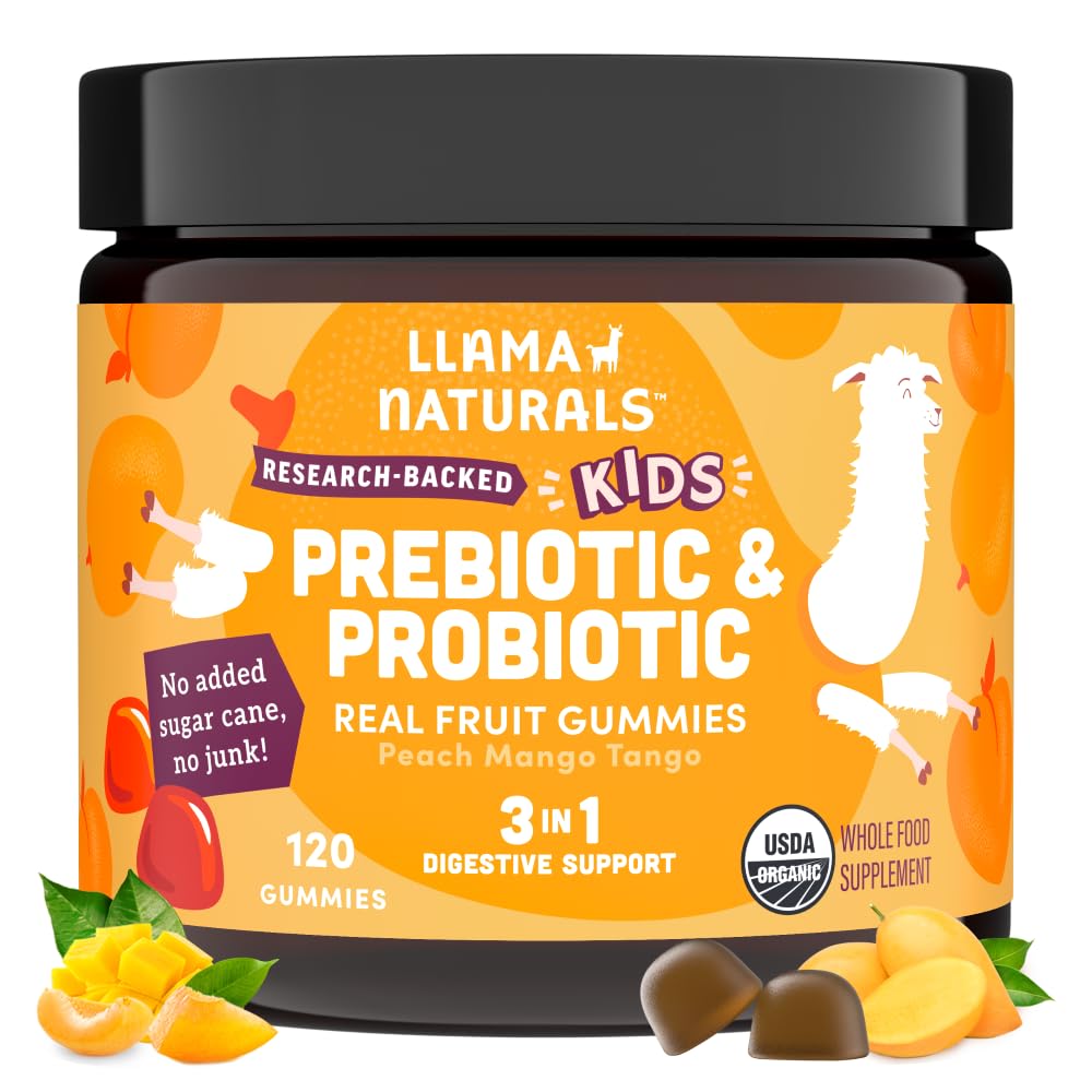 Llama Naturals Kids Probiotic gummies peach mango top view showing texture and color