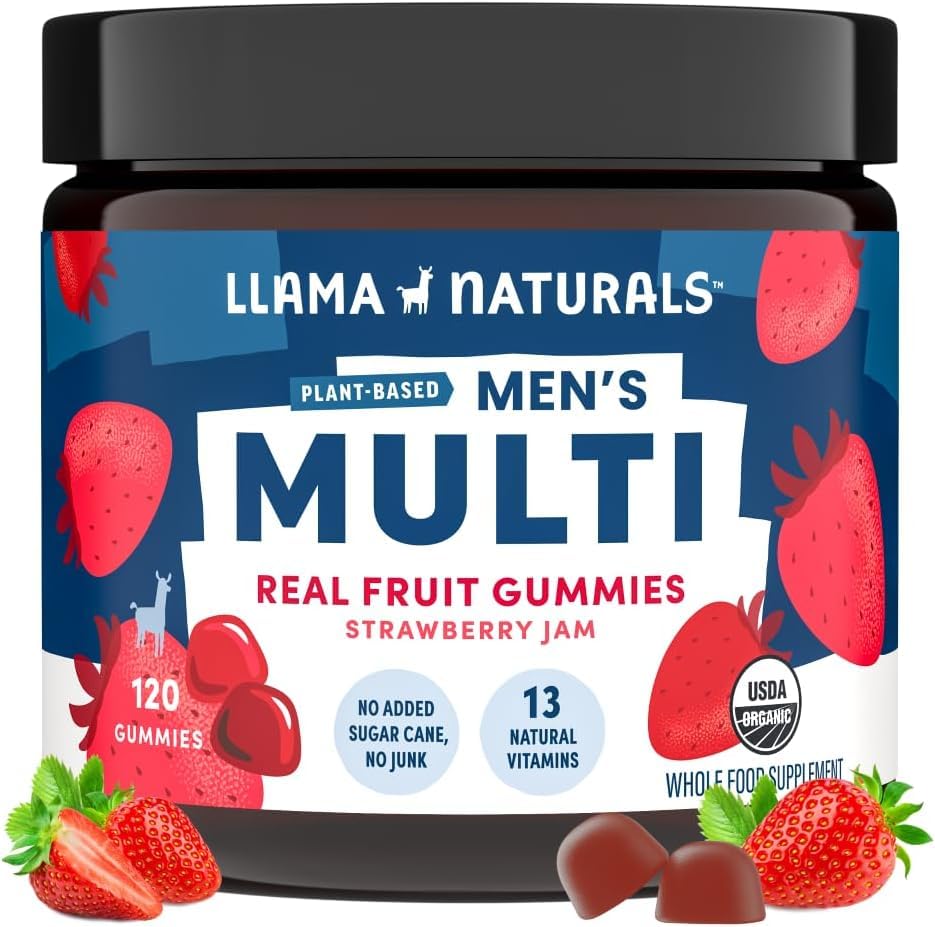 Llama Naturals men's multivitamin bottle shown for daily vegan nutrition.