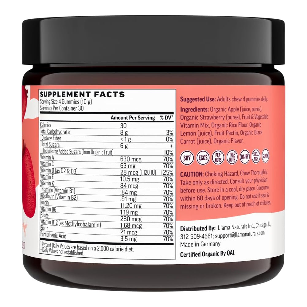 Llama Naturals multivitamin packaging and label details