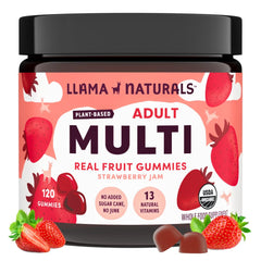Llama Naturals multivitamin strawberry gummies bottle close-up for daily immune support