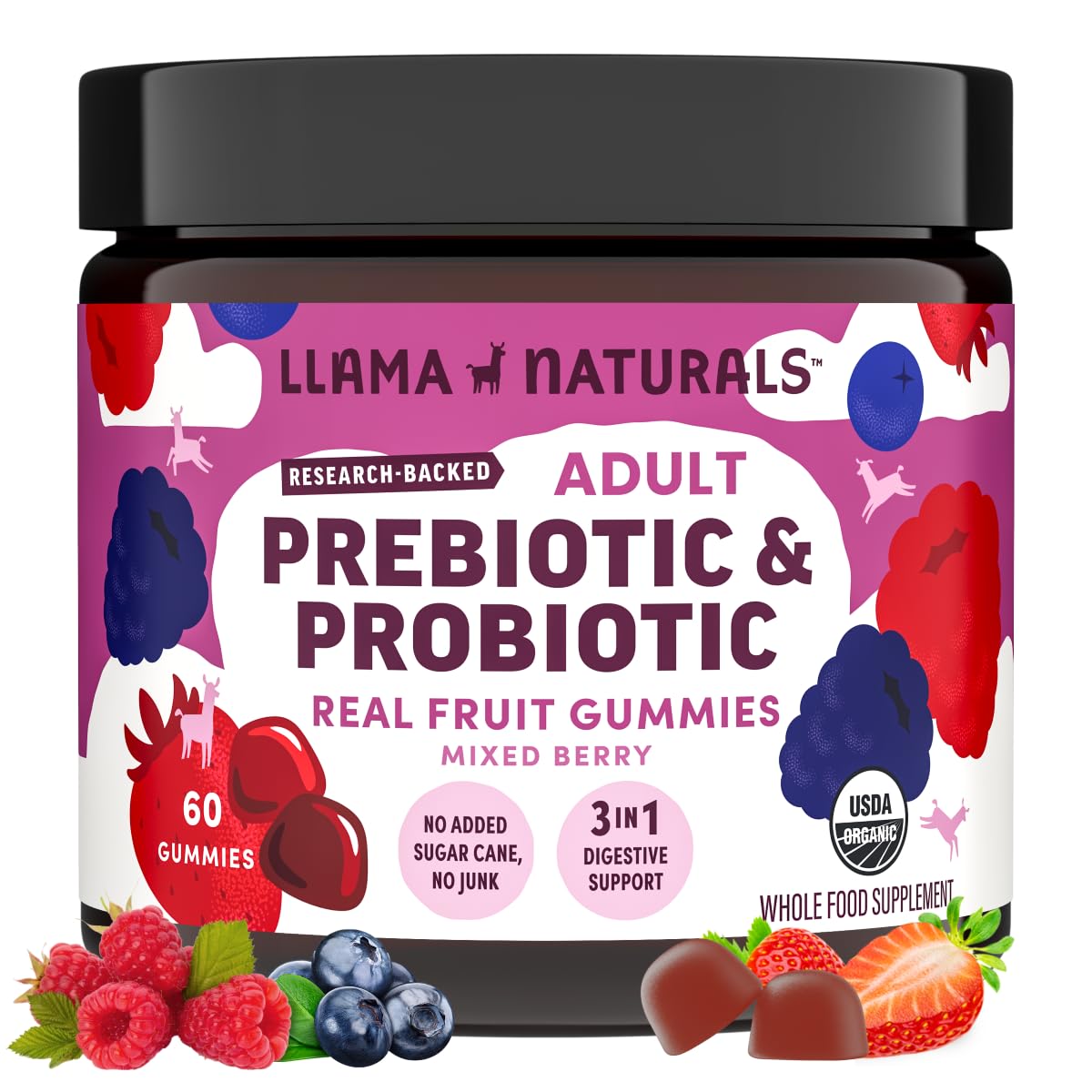 Llama Naturals probiotics bottle for daily gut support with real fruit gummies
