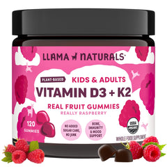 Llama Naturals Vitamin D3 K2 gummies in jar for daily bone support, vegan formula.