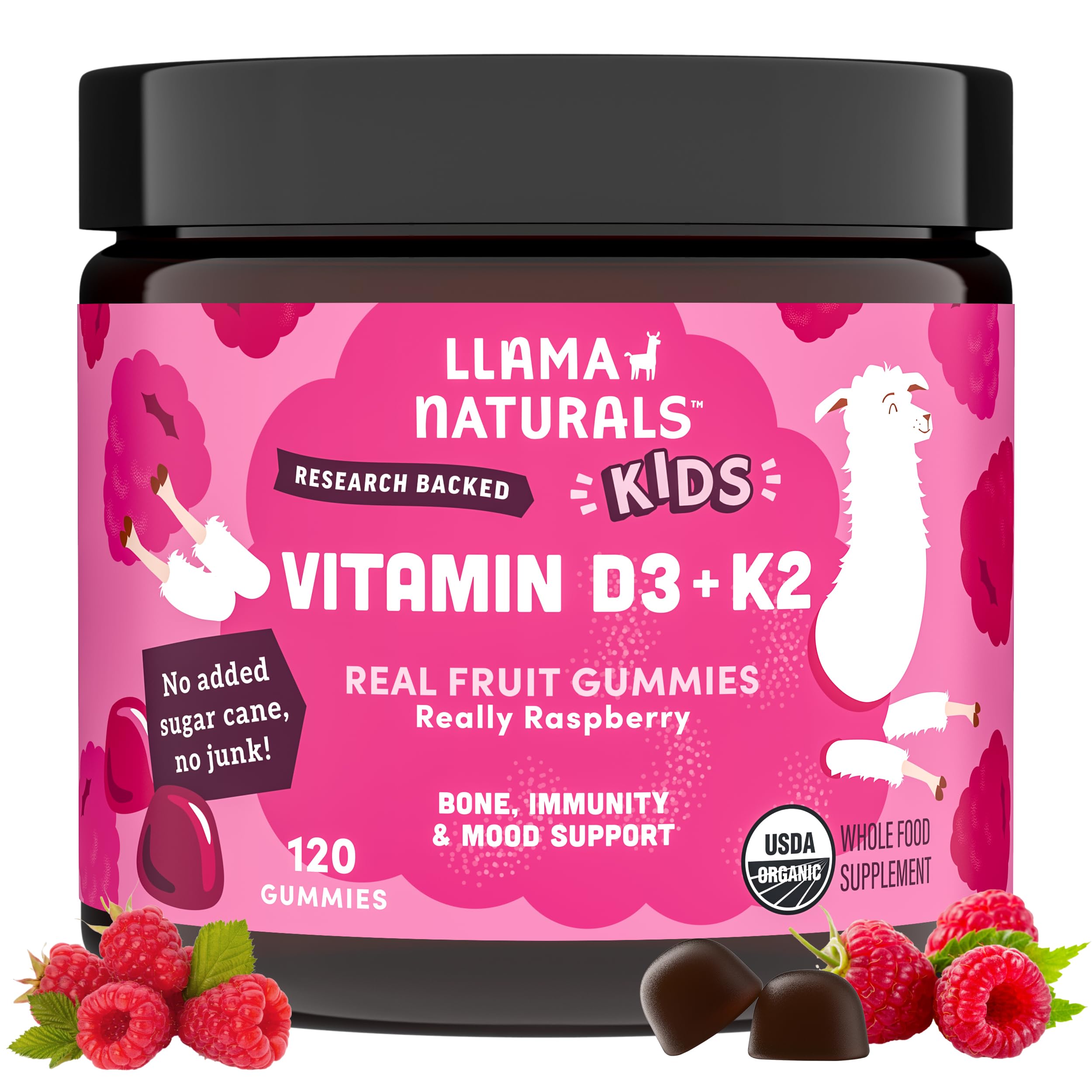 Llama Naturals D3 K2 gummies bottle for kids supports growing bones and immunity.