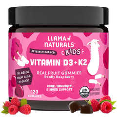 Llama Naturals D3 K2 gummies bottle for kids supports growing bones and immunity.