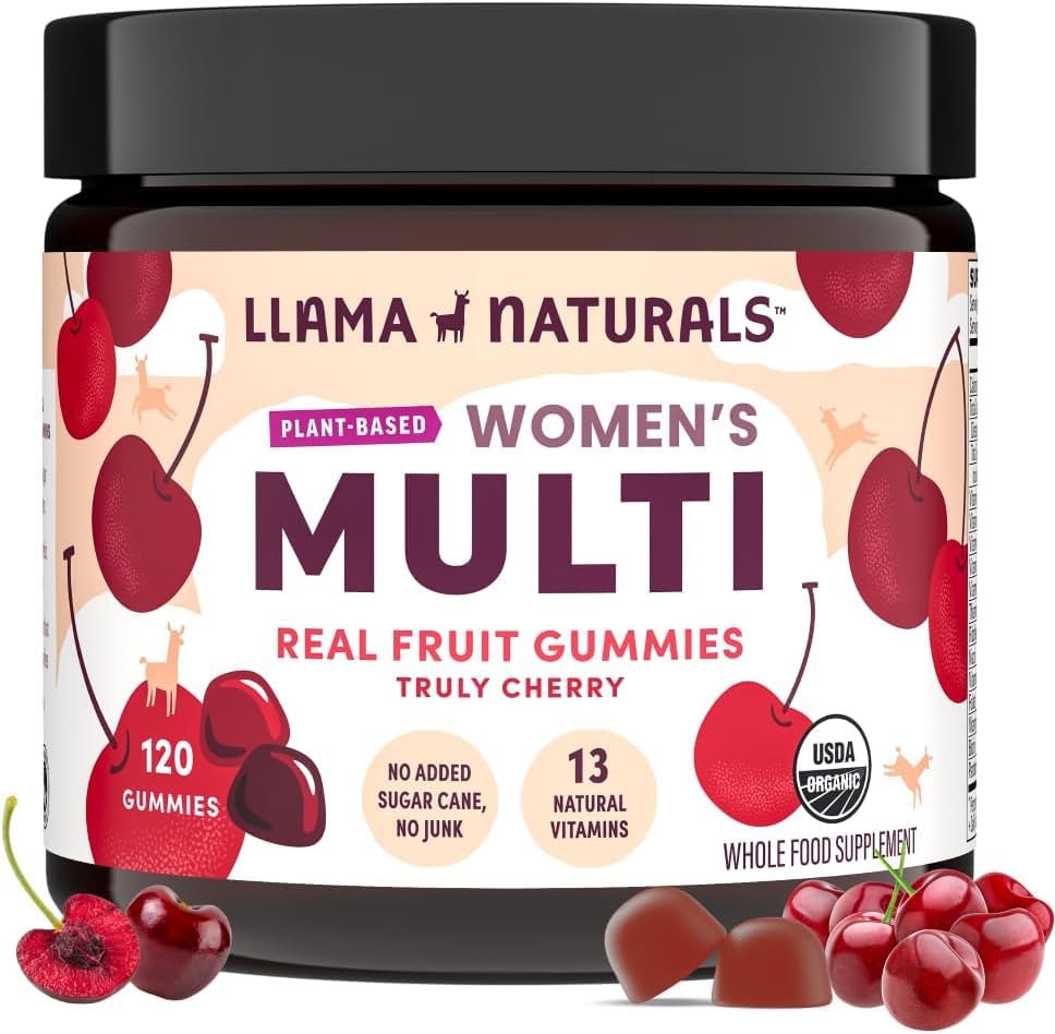 Llama Naturals Women's Multivitamin bottle with vegan real-fruit formula for daily wellness