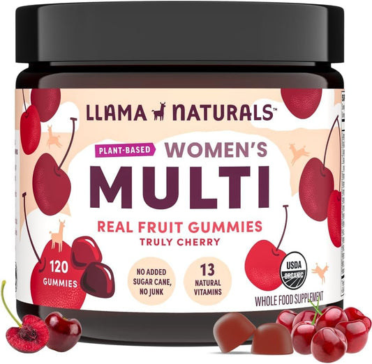 Llama Naturals Women's Multivitamin bottle with vegan real-fruit formula for daily wellness
