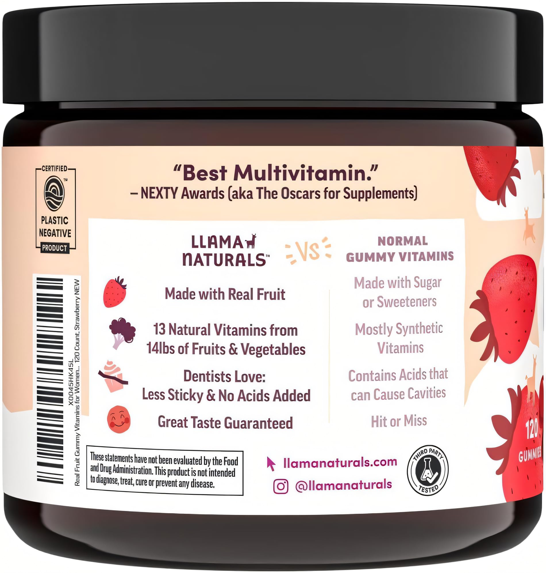 Llama Naturals Women’s Multivitamin Gummies no added sugar for cleaner taste.