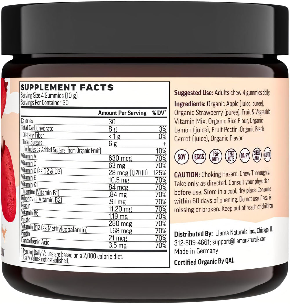Llama Naturals Women’s Multivitamin Gummies organic fruit ingredients panel.