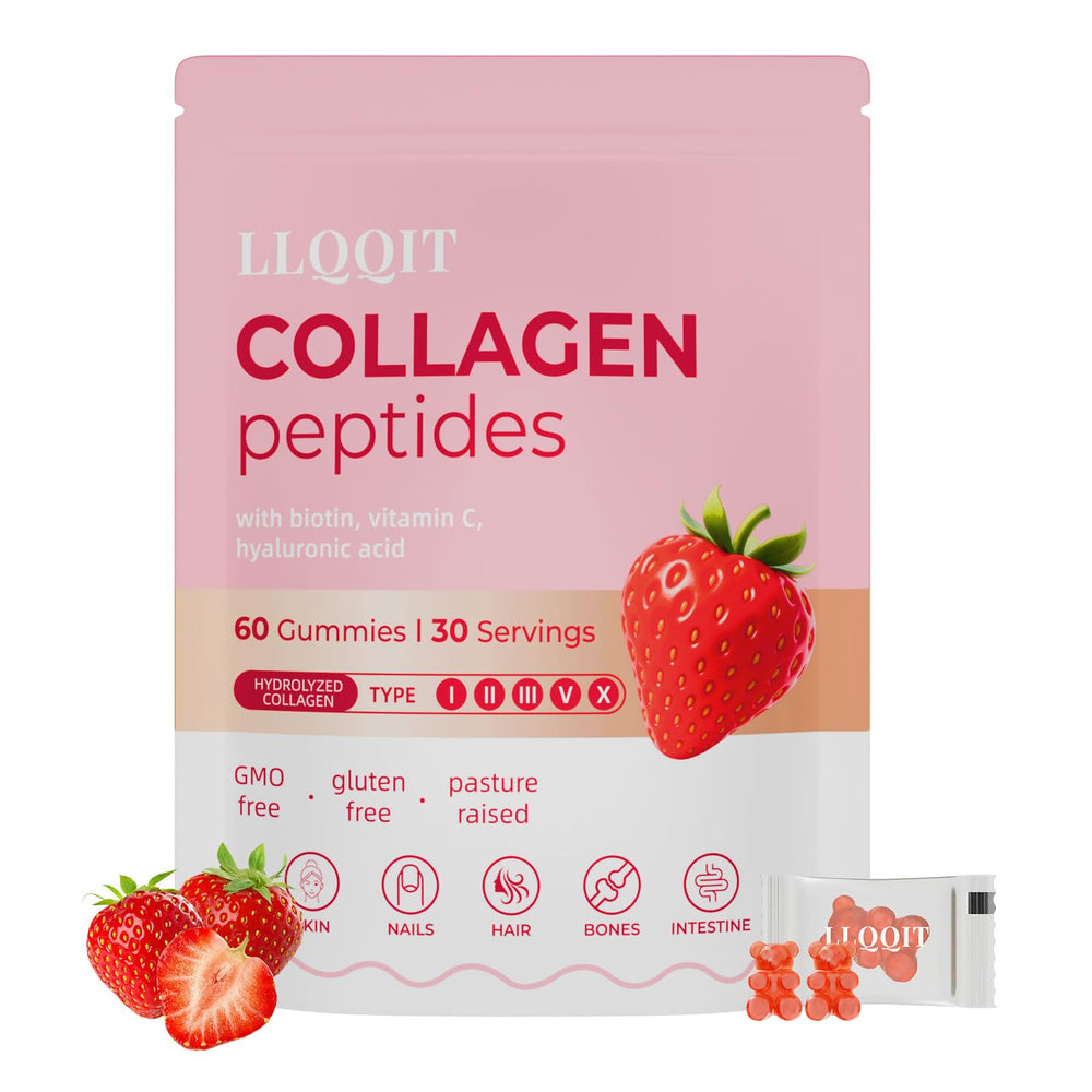LLQQIT 60-count multi-collagen gummies bottle highlighting types I–X for daily wellness support.