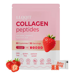 LLQQIT 60-count multi-collagen gummies bottle highlighting types I–X for daily wellness support.