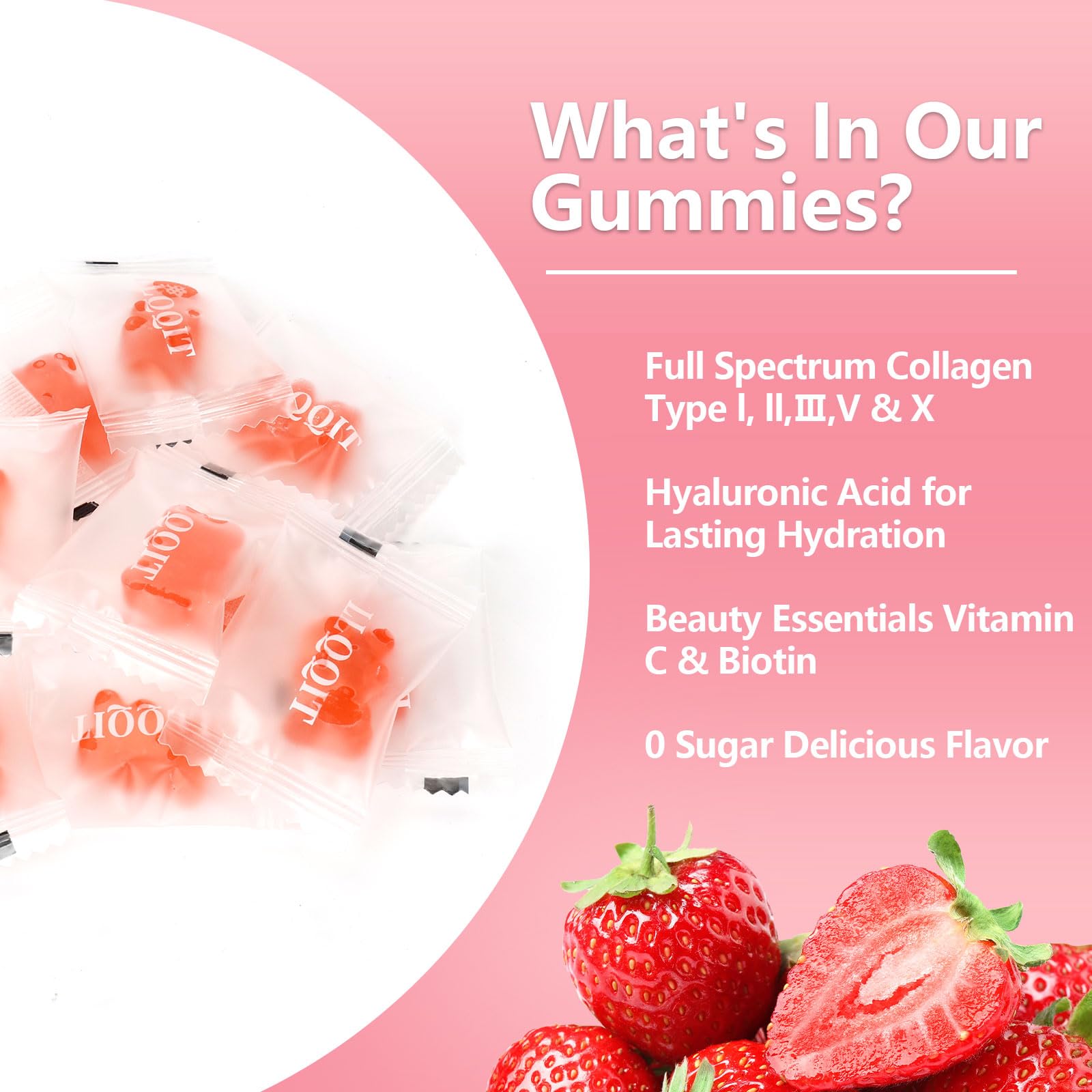 LLQQIT collagen gummies close-up showing biotin and hyaluronic acid for hair and hydration.