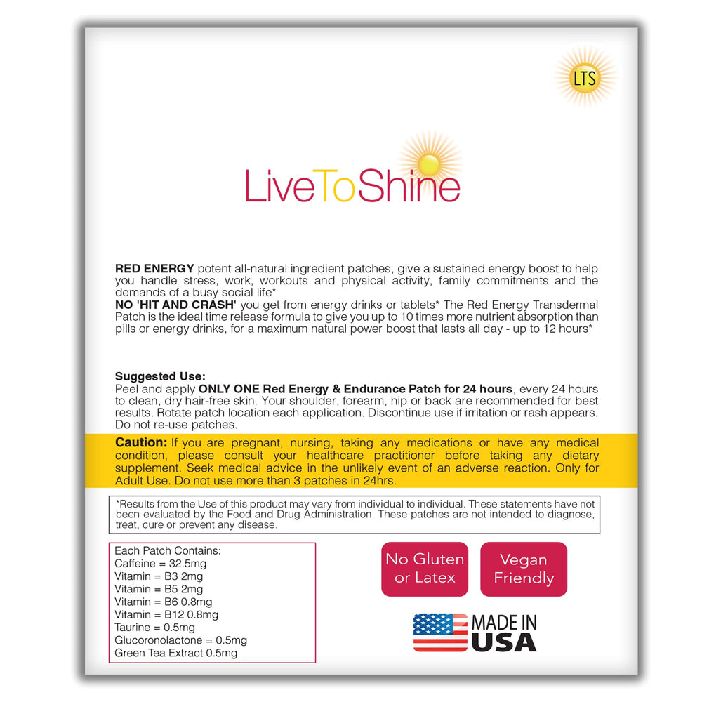 LLT Red Energy Patch USA label emphasizes quality and safety standards