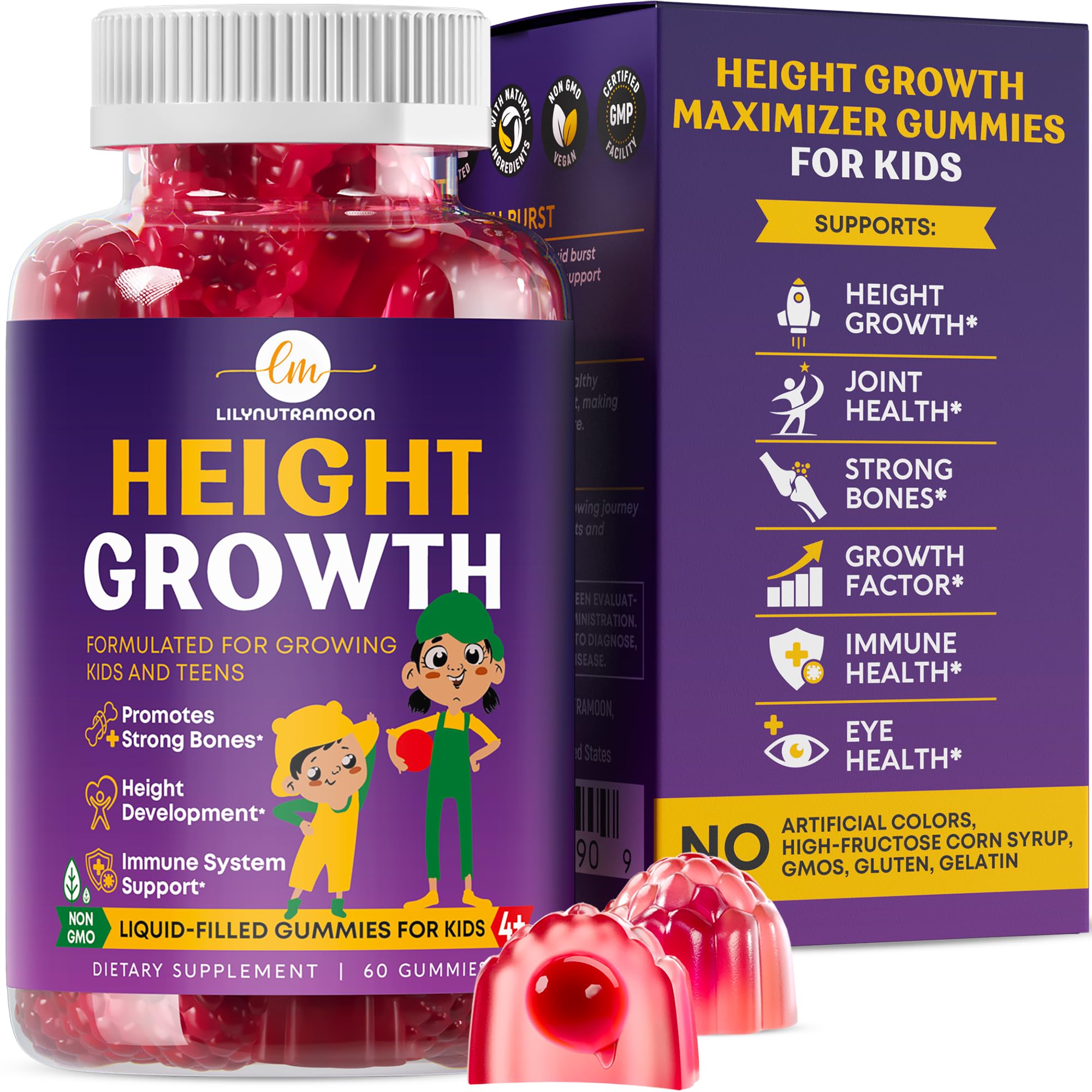 LM LILYNUTRAMOON height growth gummies bottle supports growing kids' bone health and energy
