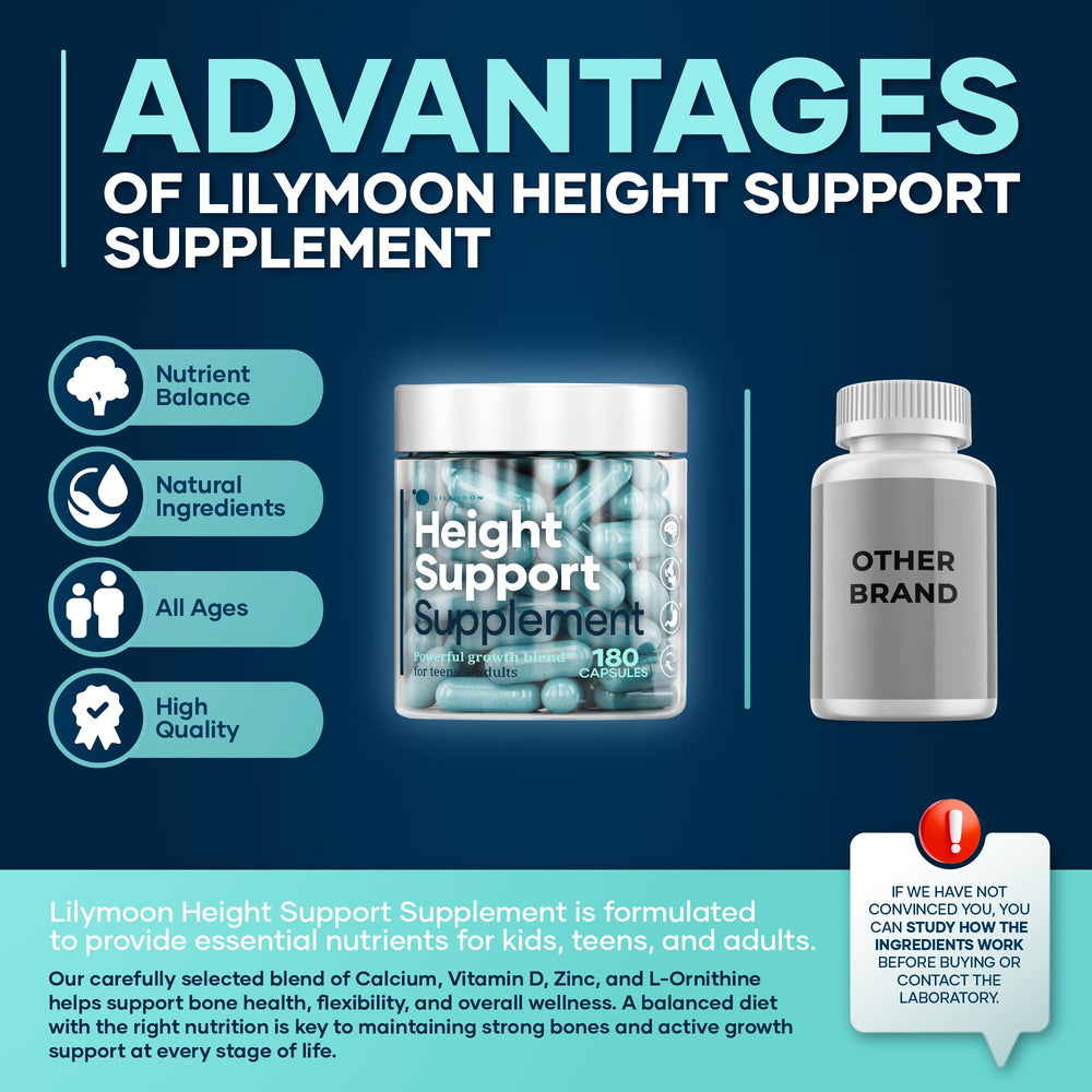 LM LILYNUTRAMOON Height & Bone Support packaging showing calcium-rich formula for growing teens