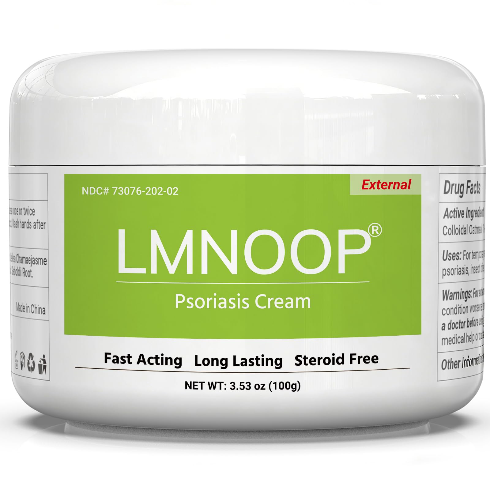 LMNOOP Psoriasis Cream bottle showing quick absorbing formula for dry skin relief