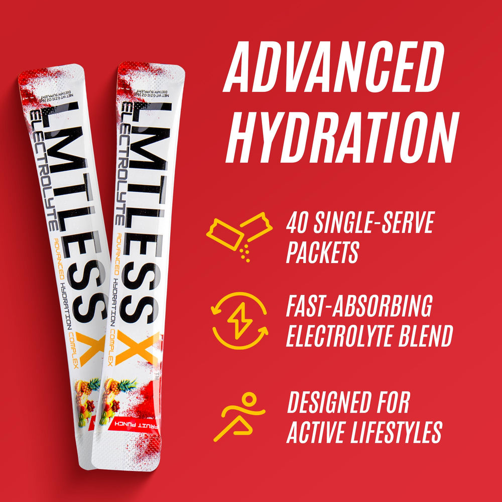 LMTLESS X on-the-go electrolyte packets are ideal for busy days.