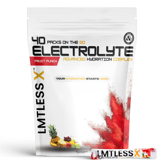 LMTLESS X premium electrolyte packets in mixed flavors for on-the-go hydration.