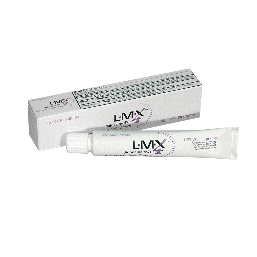 LMX4 30g label close-up showing lidocaine content