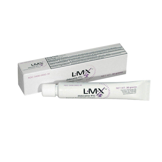 LMX4 30g label close-up showing lidocaine content