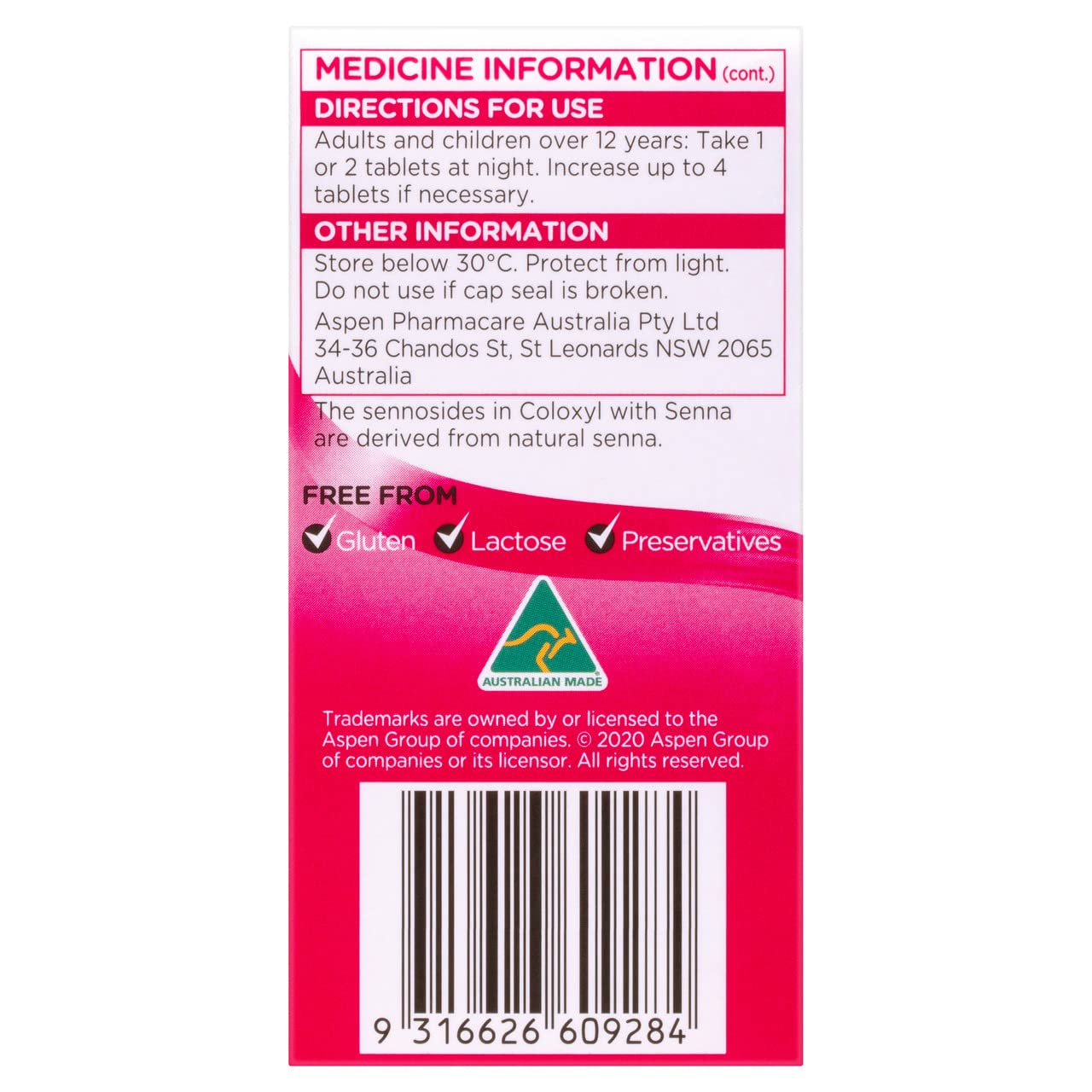 Lnoyui Coloxyl with Senna 200 label closeup highlighting dual-action formula