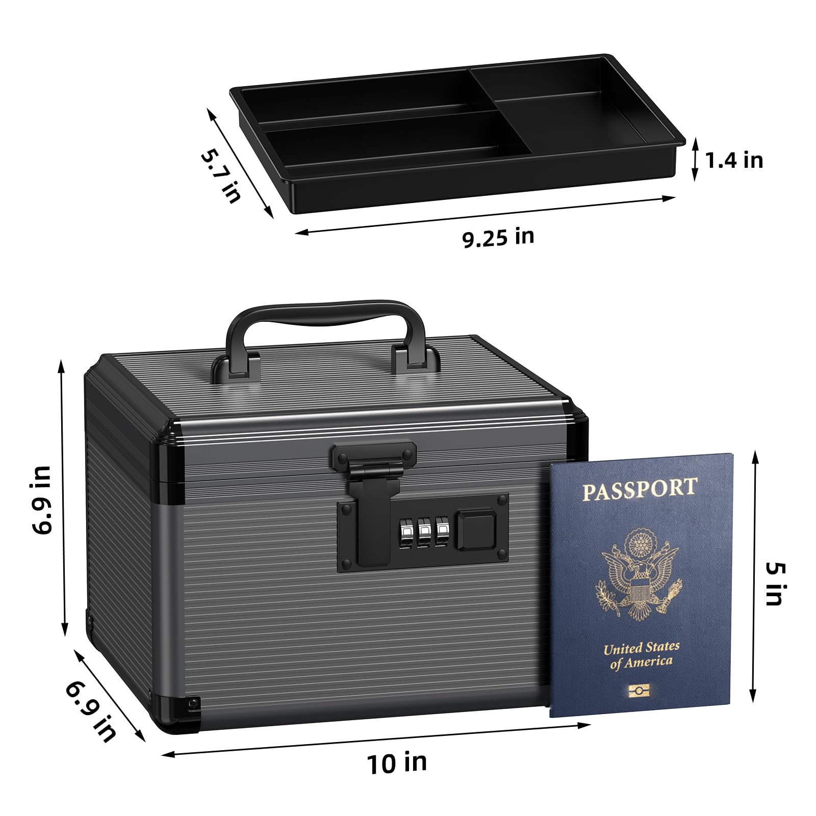Removable tray shown for organized storage of pills and vitamins in Lockbako box